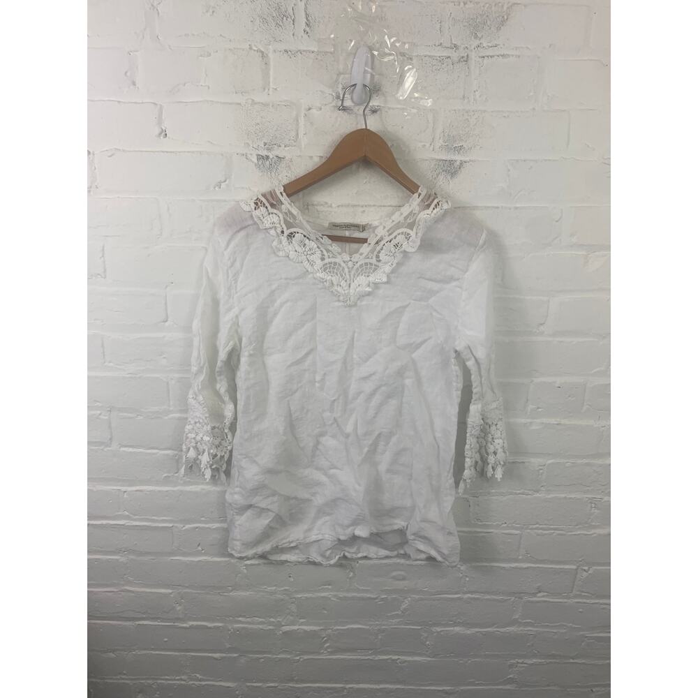 Vanessa Alexandra Women's Linen Blend Crochet Lace Blouse Top White Size Medium